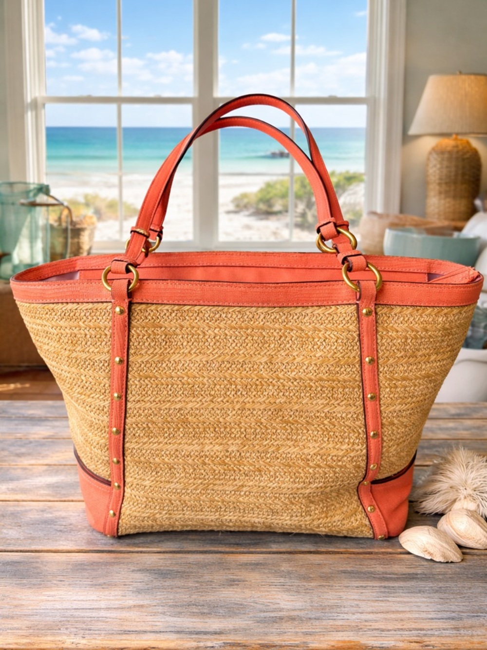 Coach Alexandra 2013 Studded Patent Straw Tote with Leather &Coach Charm .. - Picture 2 of 10